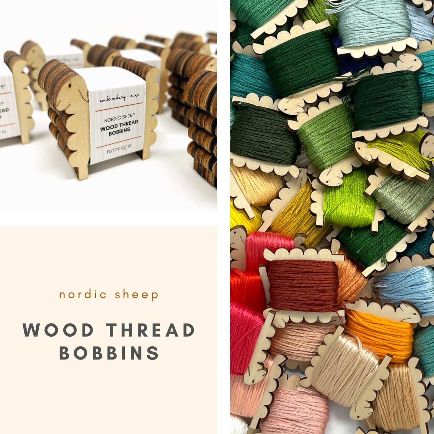 Embroidery and Sage Nordic Sheep Wood Thread Bobbins