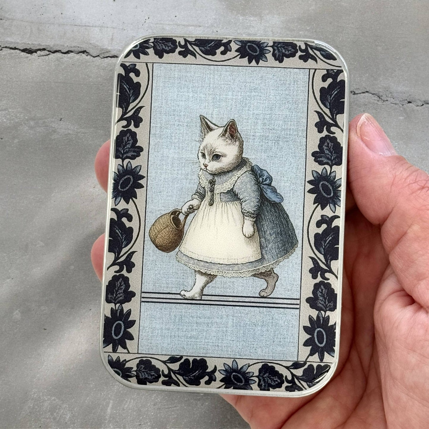 Tin with a cat in a dress held by a hand against a concrete background