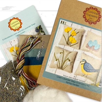 Embroidery kit with linen lavender bags and Corinne Lapierre branding.