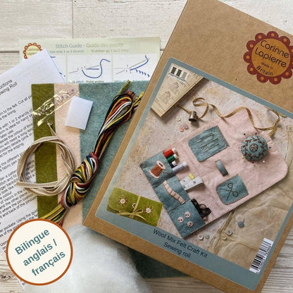 Wool mix felt craft kit with materials and Corinne Lapierre branding on a wooden surface.