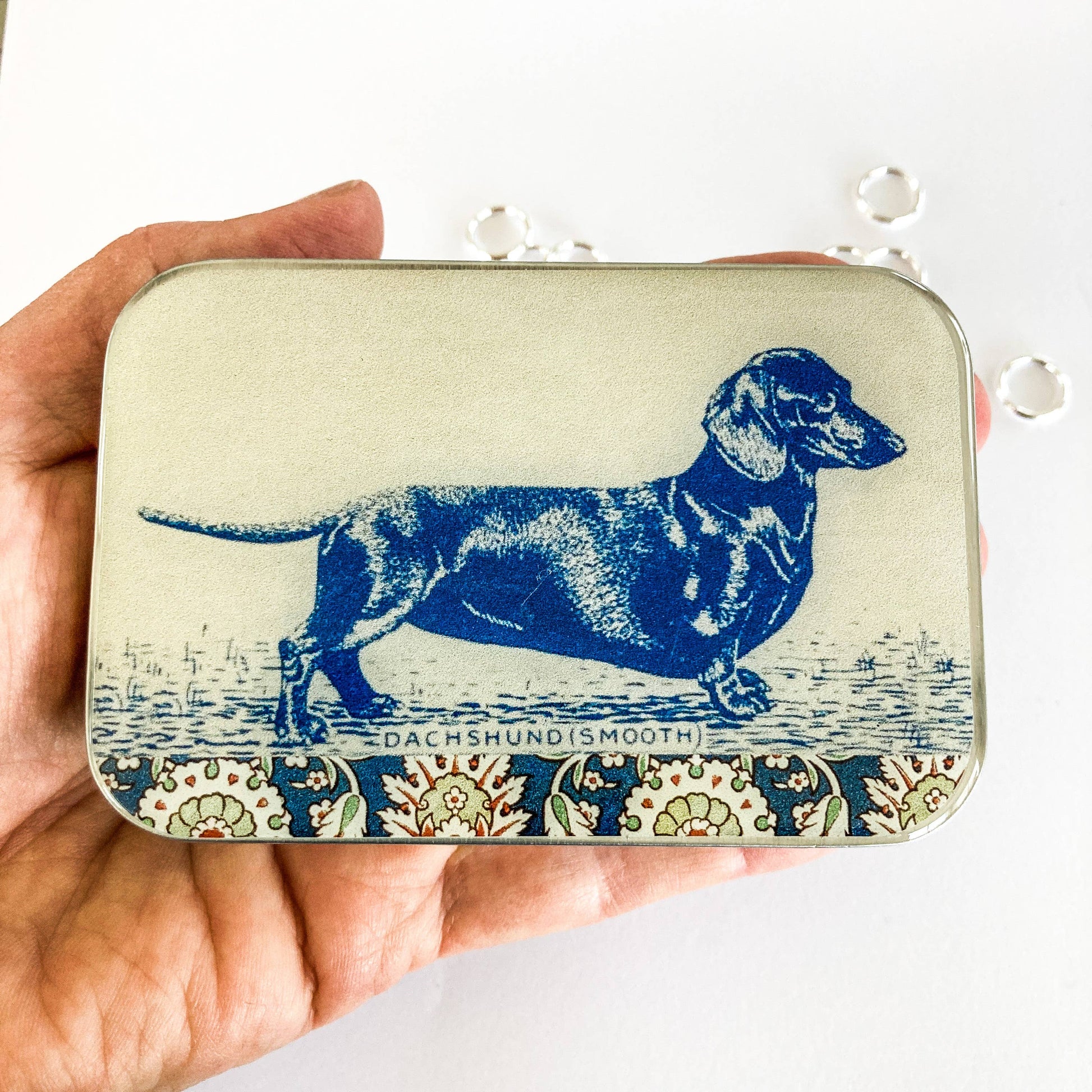 Hand holding a tin with a blue dachshund illustration on a white background