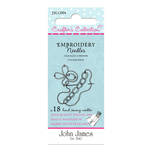 Pack of embroidery needles with John James branding on a light blue background