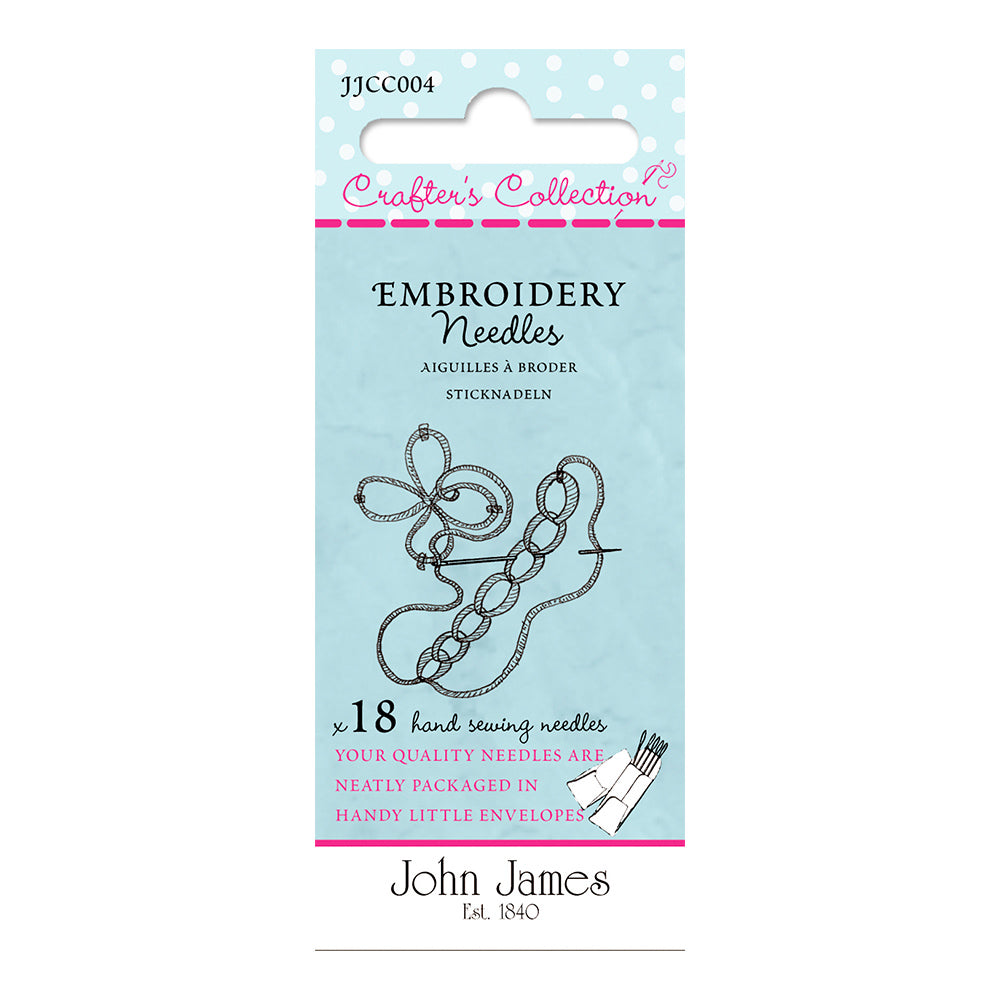 Pack of embroidery needles with John James branding on a light blue background