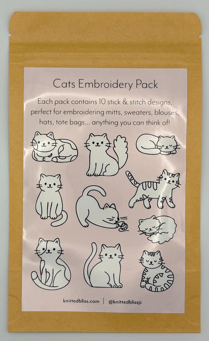 Embroidery pack with cat designs on a beige background