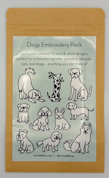 Embroidery pack with dog designs on a clear label inside a brown package.