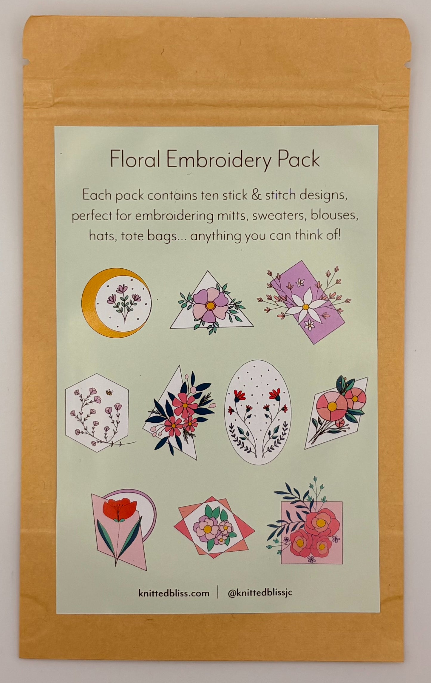 Floral embroidery pack with designs on a beige background