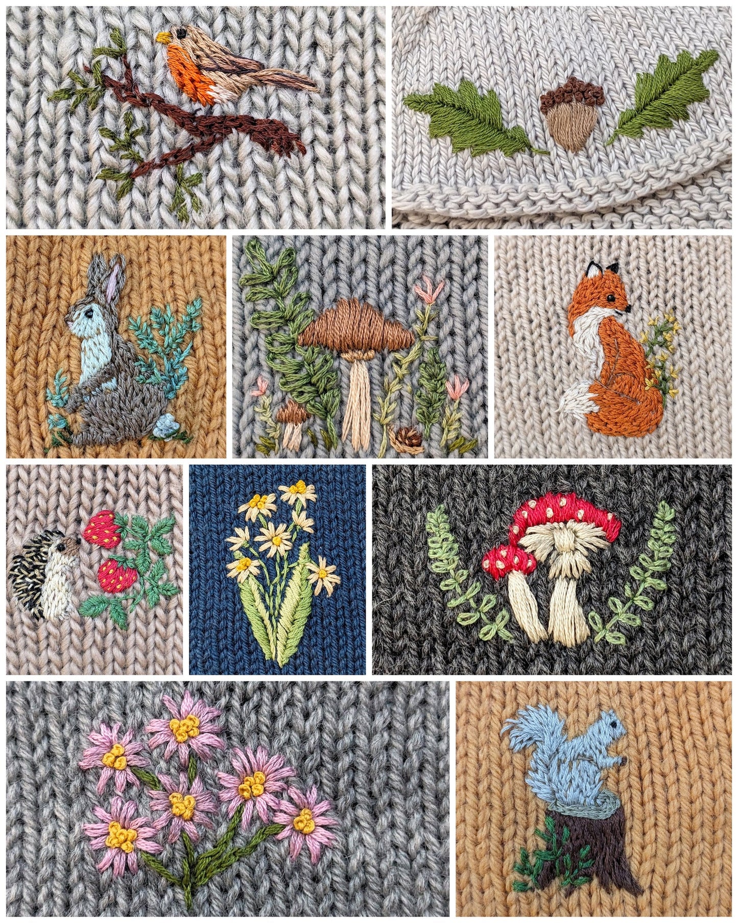 Collection of embroidered patterns on fabric including animals, plants, and nature-themed designs.
