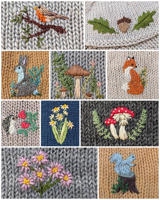 Collection of embroidered patterns on fabric including animals, plants, and nature-themed designs.