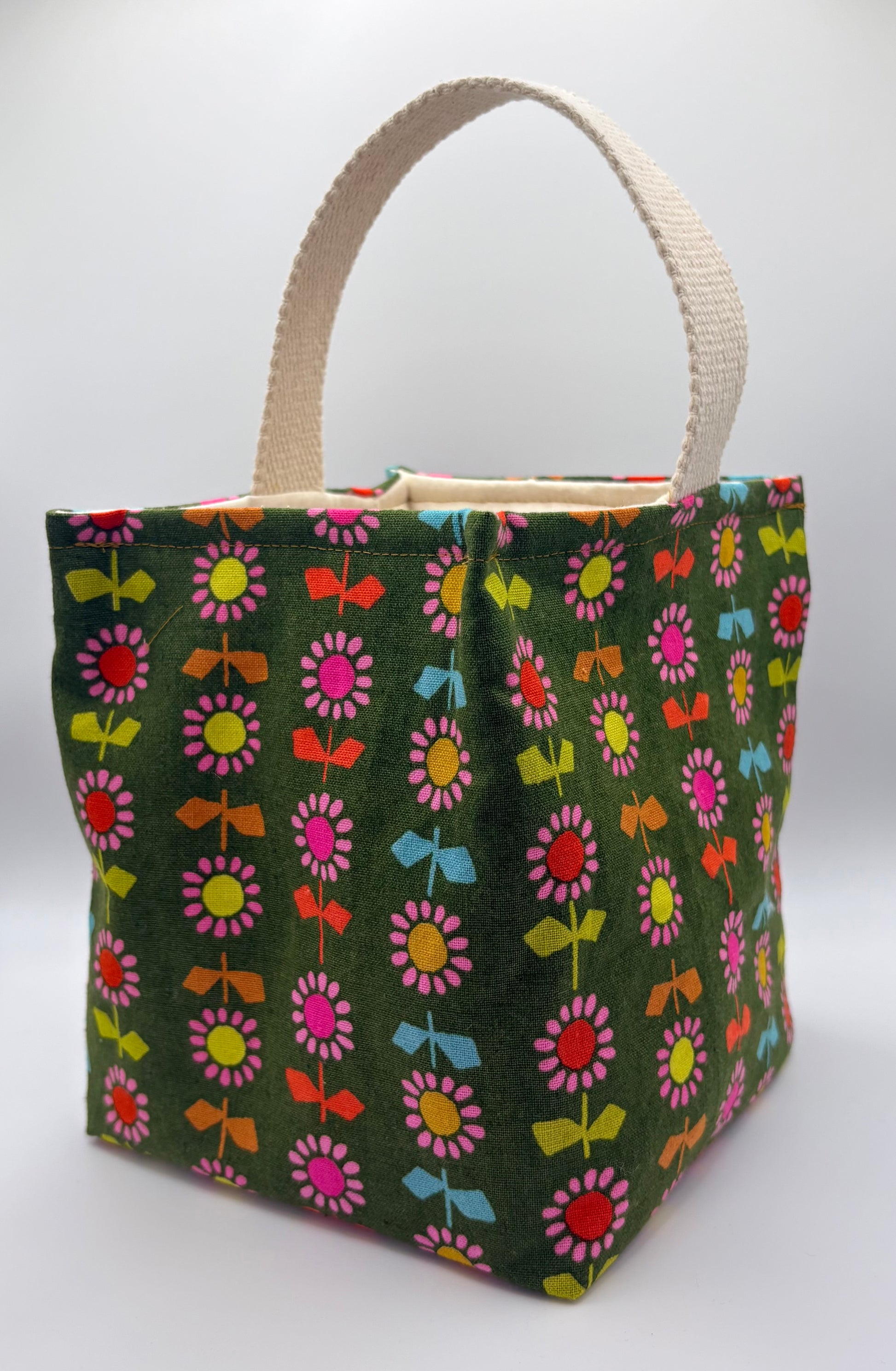 Fabric bag with colorful floral pattern on a white background