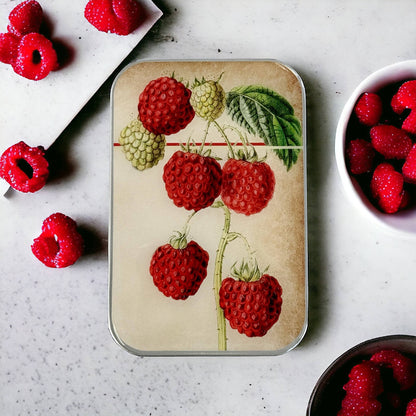 Rectangular tin with raspberry design surrounded by fresh raspberries on a light surface